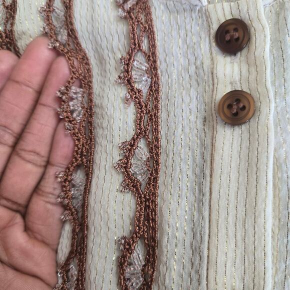 Cache Women Silk Metallic Sheer Lace Button Top L Boho Western Prairie Victorian - Picture 4 of 10